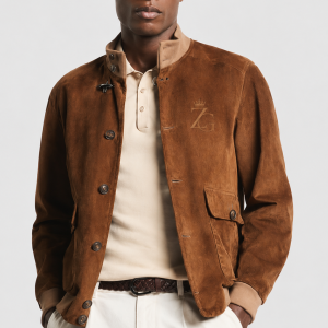 Model wearing chestnut ZeusGroup signature jacket