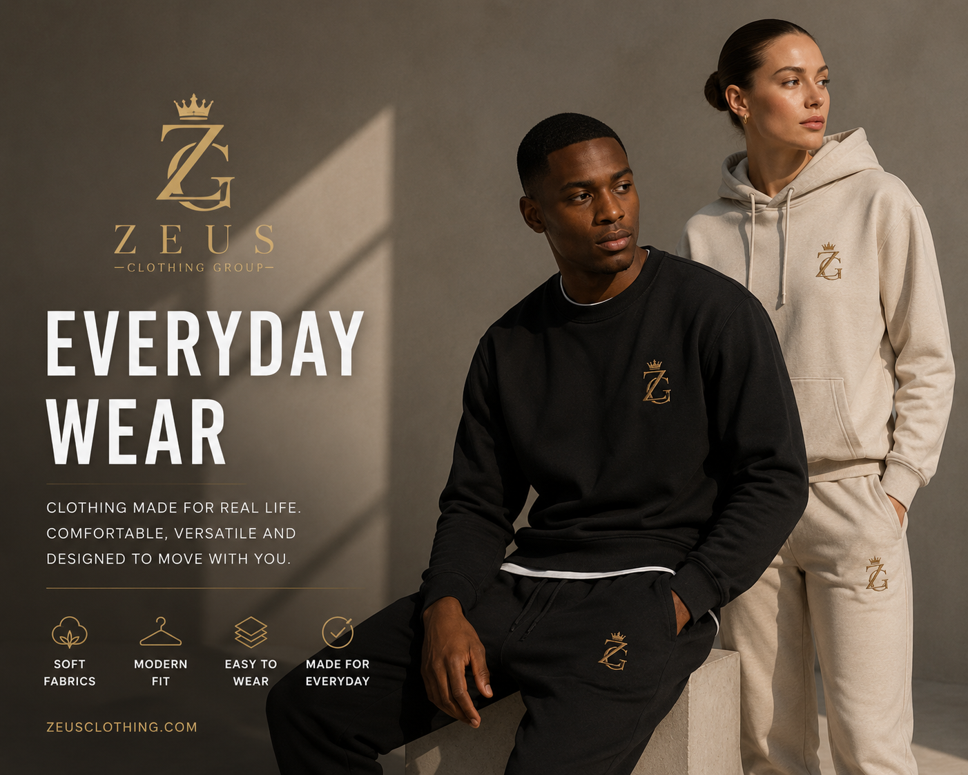 ZeusGroup everyday wear campaign featuring black and cream casual apparel