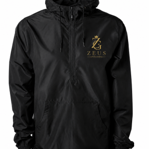 Black ZeusGroup quarter-zip windbreaker with gold chest logo