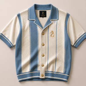 ZeusGroup blue and cream stripe knit resort shirt with button front and chest logo