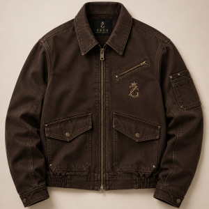 ZeusGroup dark brown utility jacket with zip front cargo pockets and chest logo