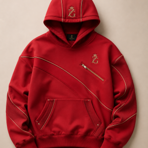 ZeusGroup red unisex statement hoodie with gold piping and front pocket detail