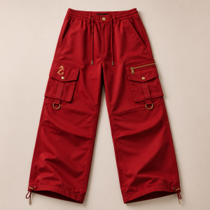 ZeusGroup red utility cargo trousers with drawcord waist cargo pockets and gold hardware