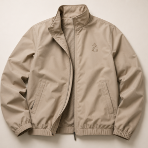 ZeusGroup sandstone lightweight seasonal jacket with zip front and subtle chest logo