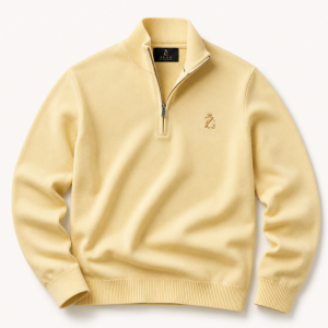 ZeusGroup soft gold quarter zip knit with ribbed collar and chest logo